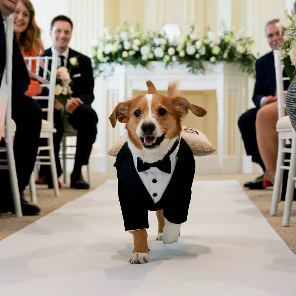 dog walking down wedding aisle